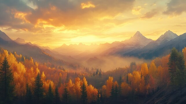 Glowing autumn valley at sunrise with golden trees