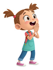 A 3D animated girl with pigtails clapping her hands in excitement., isolated on a transparent background