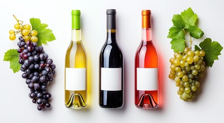 Flat Lay of Red and White Wine Bottles with Grapes on Neutral Background for Product Mockup