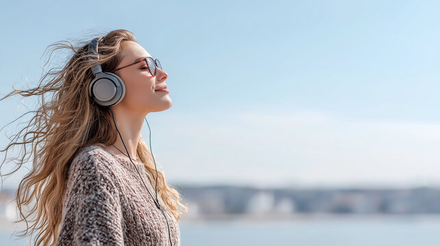 Woman listening to music and relaxing outside in warm sunny spring day