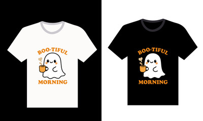 BOO-TIFUL MORNING cute little ghost with coffee vector t-shirt graphics design