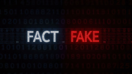 Digital Representation of Fact vs Fake in Binary Code with Illuminated Text Display