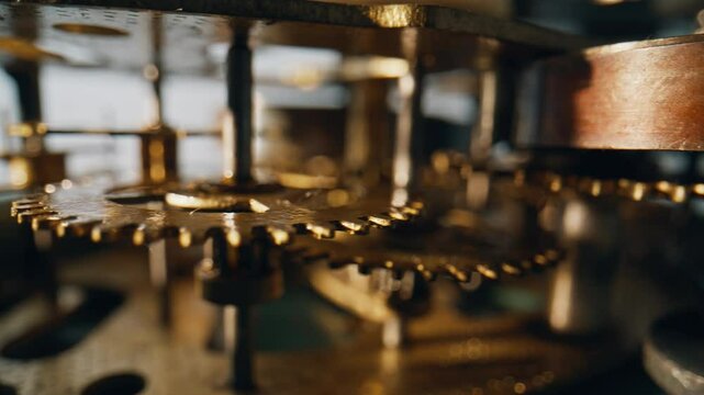 Macro rotating gear inside vintage timekeeping device. Brass wheels interlock 