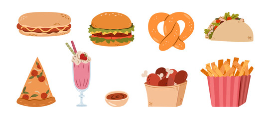 Sandwiches and fast food, snacks from diners, kiosks and restaurants. Vector milkshake and pretzel, pizza and french fries, burger and hot dog, taco with meat and veggies, sauce and chicken legs