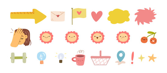 Planner or notebook stickers and labels. Vector in flat style, isolated set of scrapbook collection of marks. Flower character and thought bubble, gym and shopping, location and bulb symbol of idea