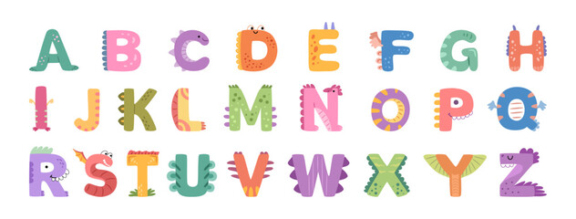English alphabet, dinosaur fonts for children. Vector in flat style, isolated cute and funny dino features for learning and education. ABC typeset for childish typography and kids design