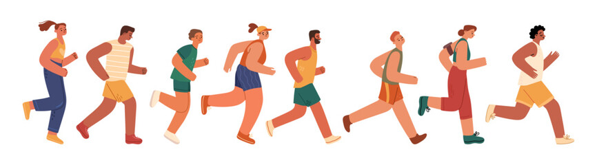 People jogging or working out in morning. Vector in flat style, isolated set of marathon runners, men and women doing exercises. Staying healthy or participating in sportive competition