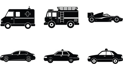 Service & Utility Vehicle Silhouette Vector Set – Work Vehicles Including Ambulance, Fire Truck, Police Car, Tow Truck, Garbage Truck, and Maintenance Vans for Functional Design Themes