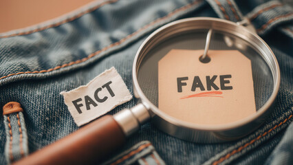 Conceptual Image of Truth and Deception with Magnifying Glass on Denim Background