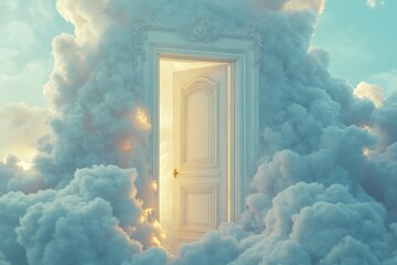 Surreal dream door opening in fluffy clouds