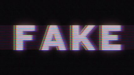 Distorted Digital Screen with the Word 'Fake' Glowing in Bright Colors on a Black Background