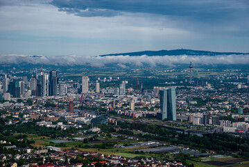 Frankfurt-Main skyline from a birds-eye view after thunderstorm in the morning