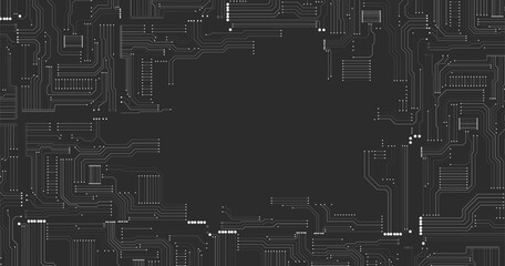 Abstract black circuit board technology connected lines electronics elements. 
