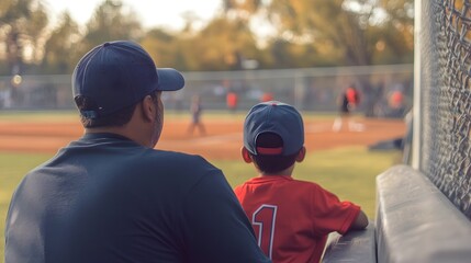 Father and son watching youth baseball game from bleachers family time at sporting event together outdoor activity