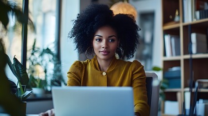 Beautiful woman working on laptop at home office with plants and bookshelf in the background