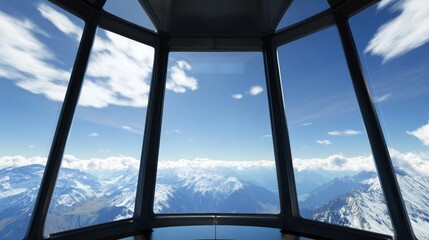 Panoramic View from a Glass Enclosure Overlooking Snow-Capped Mountains