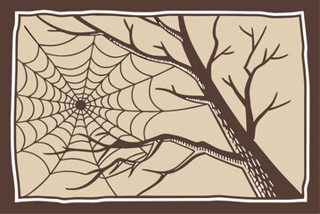 Spooky Halloween Tree with Spiderweb Illustration in Brown Tones