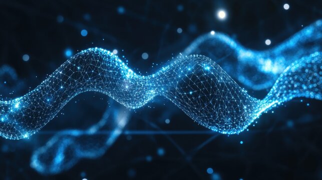 Abstract Blue Wavy Structure with Interconnected Dots and Lines on a Dark Background