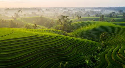 Lush green rice terraces cascading across a misty, sunlit landscape.