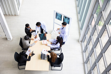 High angle top view, Above Hospital Medical Research : Group of Doctor, nurse and healthcare...
