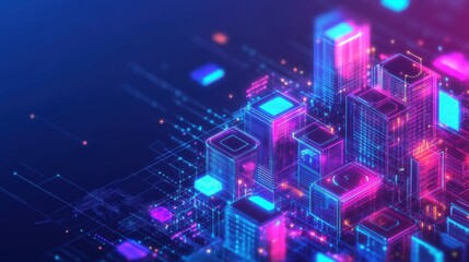 Neon-lit digital cityscape with interconnected data streams