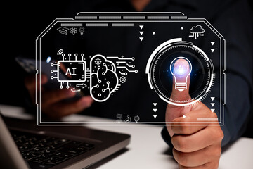 A person interacts with a digital interface featuring AI, circuitry, and a glowing lightbulb...