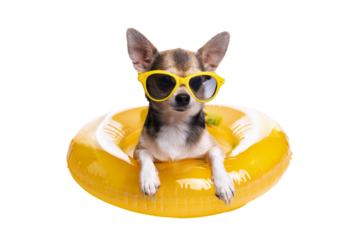 Funny Chihuahua Dog Wearing Yellow Sunglasses. Yellow Pool Float Ring. Transparent Background. PNG.