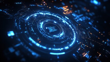 Futuristic Circular Interface with Blue Illumination and Digital Elements