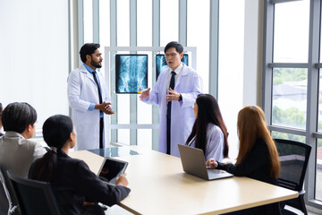 Hospital Medical Research : Group of Doctor, nurse and healthcare professional team meeting sitting...