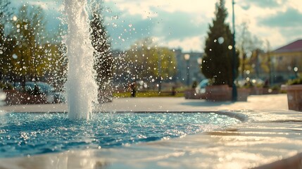 Beautiful fountain in a city park with refreshing water and sunlight creating a peaceful urban oasis