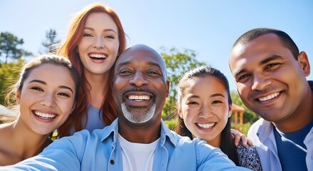 A diverse group of friends smiling joyfully, taking a selfie outdoors.