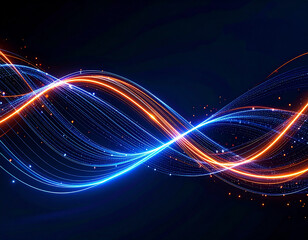 Intertwined luminous blue and orange waves flow across a dark background, creating a dynamic and energetic abstract design.