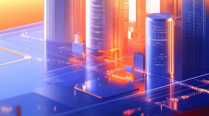 Futuristic Cityscape with Glowing Structures and Digital Networks