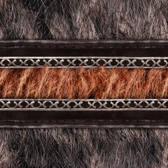 Seamless 4k photo material texture of light gray and brown fur with leather and metal straps.