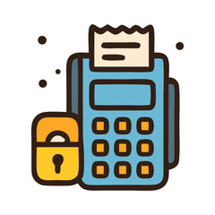 A simple illustration of a point-of-sale terminal, secured with a lock, and displaying a receipt.