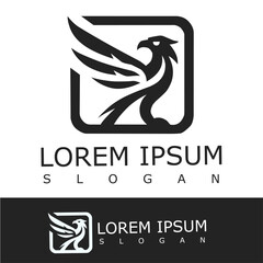 Bold black logo featuring a stylized eagle with extended wings inside a square frame, symbolizing strength, vision, and leadership. Ideal for corporate, defense, or tech branding