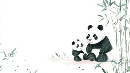 Adorable panda and cub sitting amidst bamboo, depicted in a soft, artistic style.