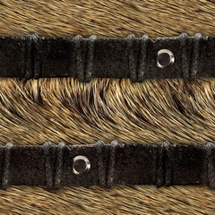 Seamless 4k photo material texture of light brown fur with leather straps.