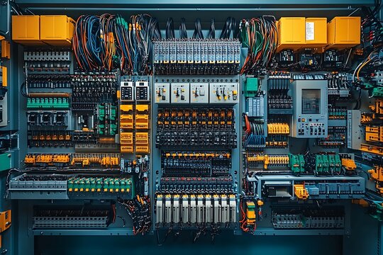 Detailed view of a complex electrical control panel with numerous wires and components