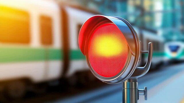 Red railway signal light changing from red to yellow, with a train approaching in the background