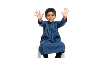 Happy young boy in traditional dress celebrating with hands up on isolated black background studio shot arab child, middle east.  on transparent background