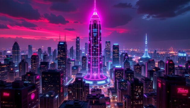 retro futuristic city with a neon lighted skyscraper in vibrant pink hues, in a cyberpunk style, subtle grain, advanced holographic display integrated, high resolution