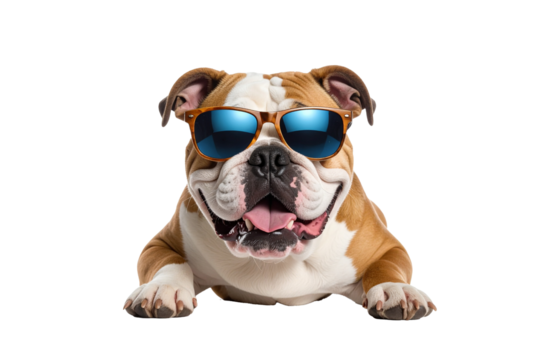 Funny English Bulldog in Sunglasses. White isolated background. 