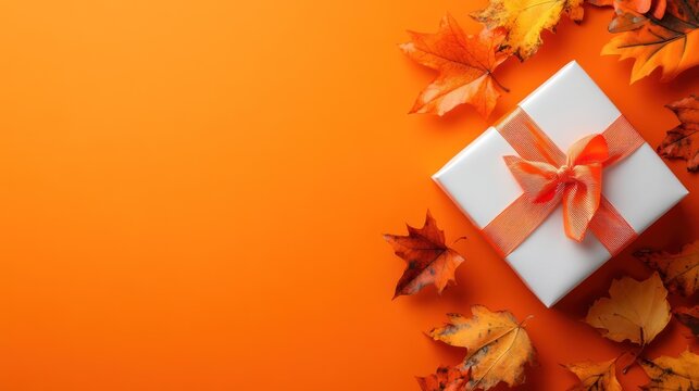 A white gift box with orange ribbon, nestled amongst autumn leaves, on an orange background
