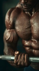 Muscular Black Man Lifting Dumbbell in Dark Gym with Focused Expression