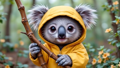 Fototapeta premium adventurous koala in a yellow raincoat, holding a brown stick of bamboo, in a cute style, pastel forest morning hues, cuddly design, peaceful close up composition, high resolution