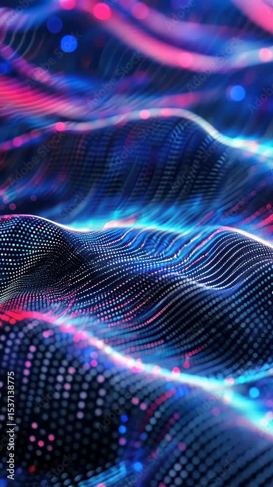 Poster abstract waves glow with vertical aligned dotted pattern and fluid lines. vivid colors create digita