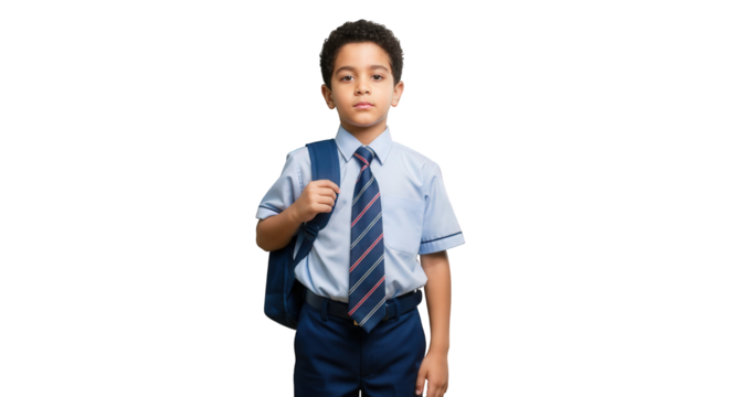 Stock photo of school boy in uniform with backpack ready for school education and learning concept arab child, middle east. on transparent background - Powered by Adobe