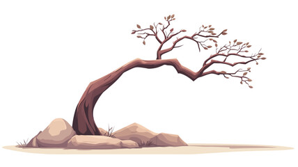 A digital illustration depicting a stylized, bare tree with a curved trunk bending to the right. The tree is rendered in a painterly style with muted reddish-brown tones for the trunk and branches.