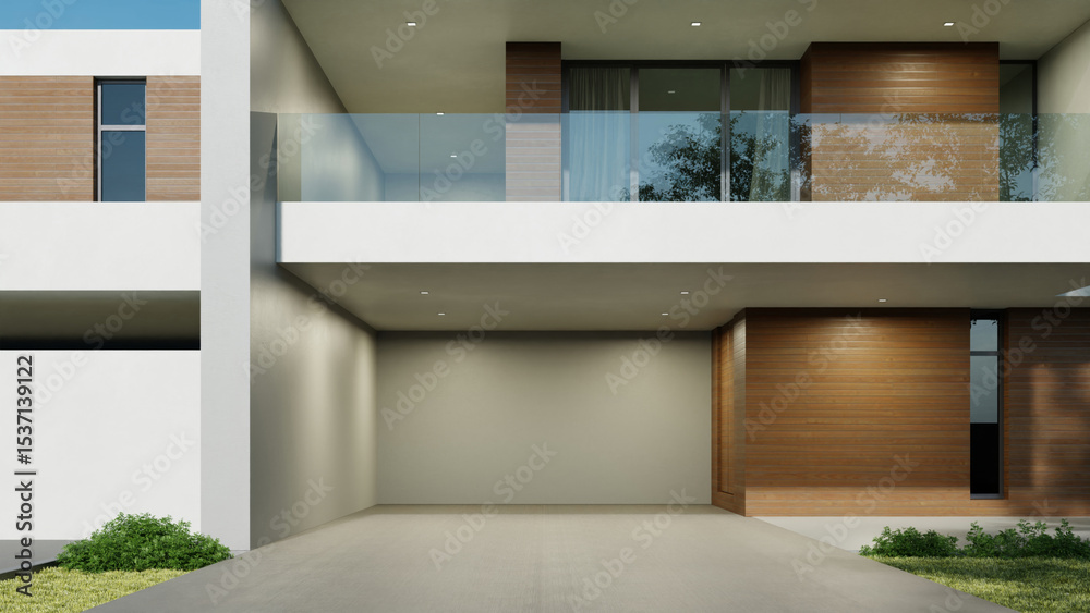 Poster modern house, minimal architecture with lawn grass and concrete garage driveway, 3d rendering of lux